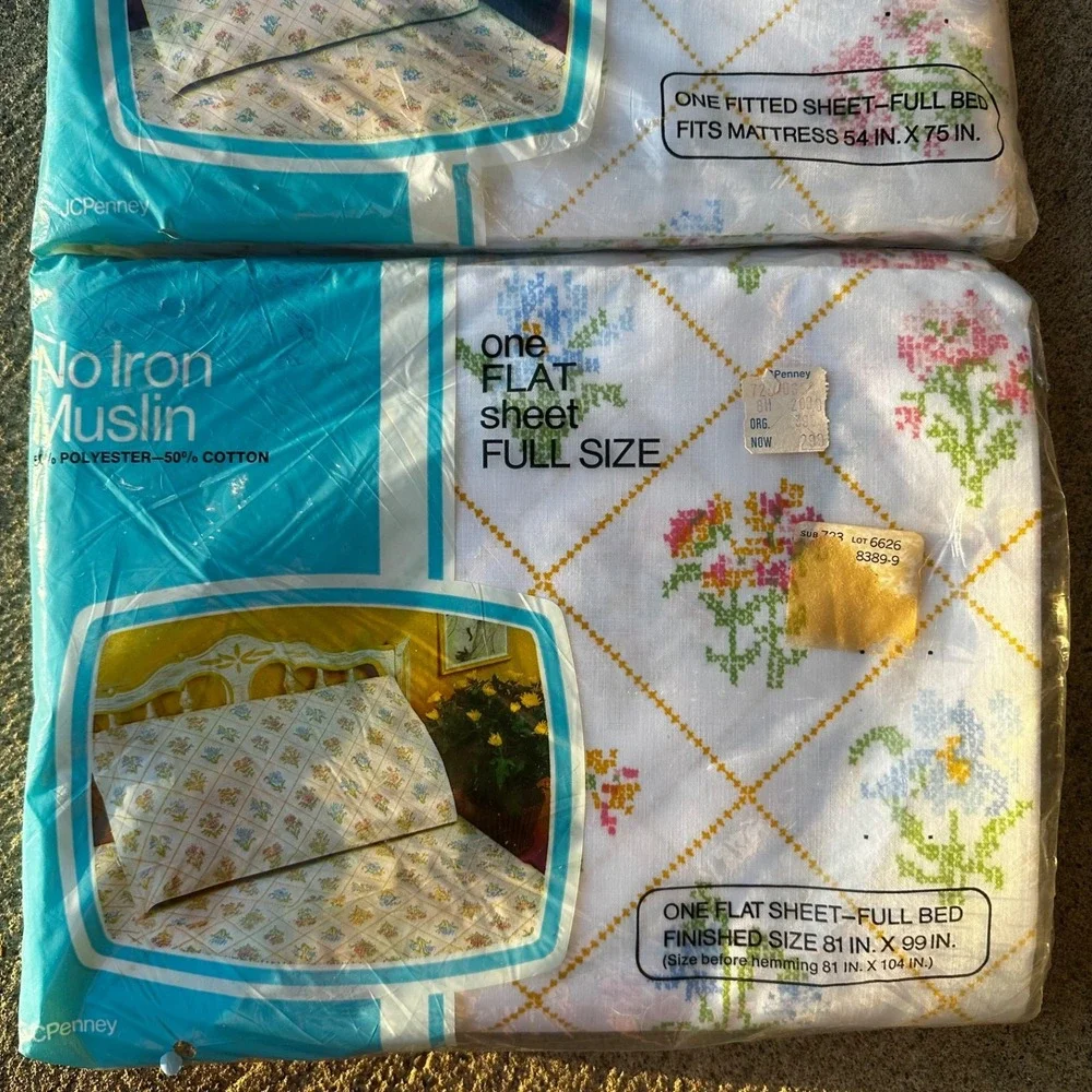 Vtg 70s JC Penney Full Size Bed Sheet Set Floral Cross Stitch No Iron Muslin NOS